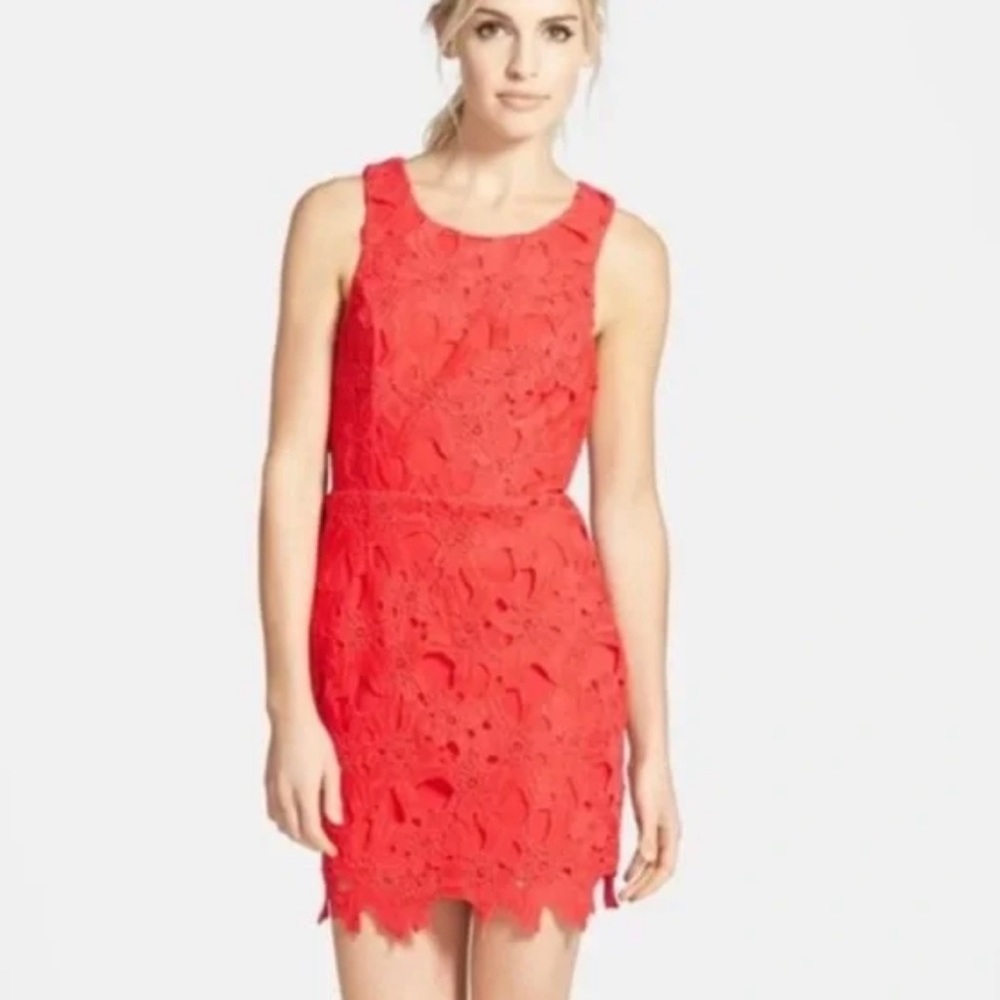 Astr Coral Floral Lace Overlay Sheath Dress - Size Small